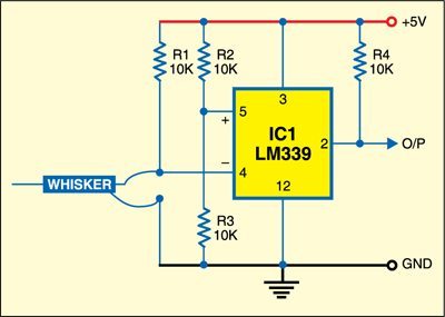 Whisker for Robots source schematic with LM339 comparator, four 10k resistors and five-volt supply Whisker for Robots source schematic with LM339 comparator, four 10k resistors and five-volt supply