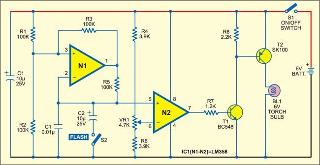 Farmhouse Lantern-Cum-Flasher source schematic showing the LM358 oscillator, comparator and complementary lamp driver