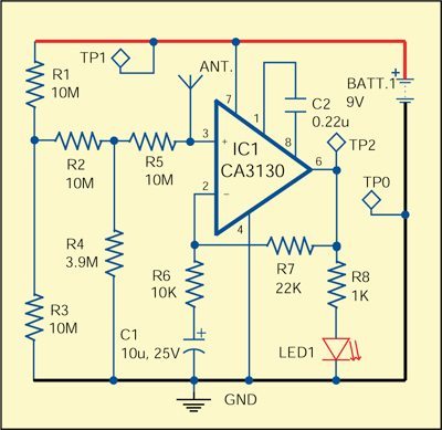 Original Project 7 schematic showing the CA3130 input-bias, feedback, compensation, and LED indicator stages. Cable Tester source circuit schematic