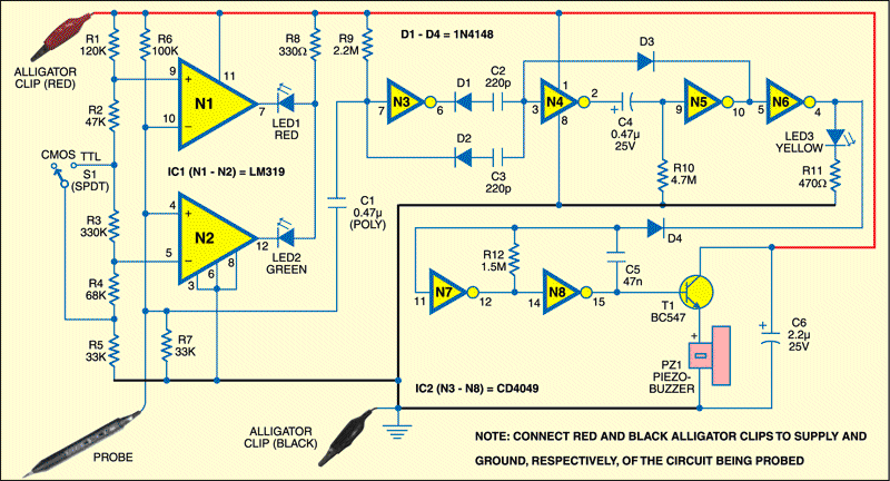 Versatile CMOS/ TTL Logic and Clock Probe - source illustration from page 188 Versatile CMOS/ TTL Logic and Clock Probe - source illustration from page 188