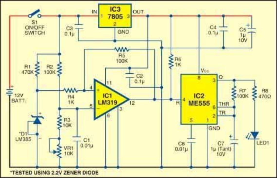 Battery-low indicator circuit diagram from the project reference