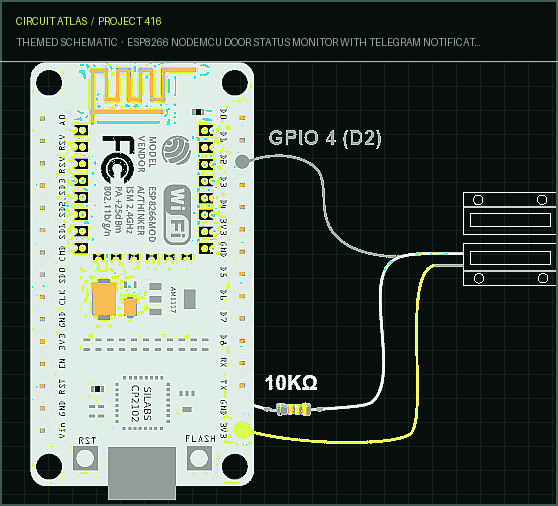 Circuit Atlas themed schematic for ESP8266 NodeMCU Door Status Monitor with Telegram Notifications