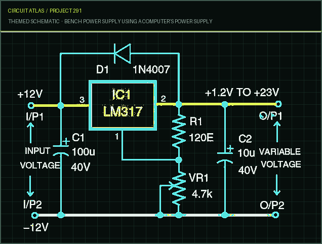 Circuit Atlas themed schematic for Bench Power Supply Using a Computer’s Power Supply