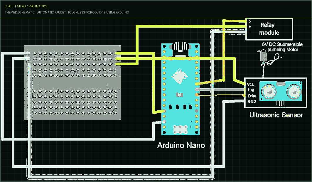 Circuit Atlas themed schematic for Automatic Faucet (Touchless) for COVID-19 Using Arduino