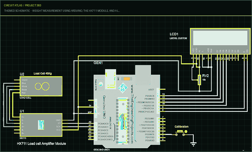 Circuit Atlas themed schematic for Weight measurement using Arduino, the HX711 Module, and a load cell