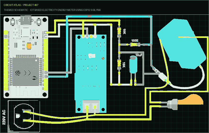 Circuit Atlas themed schematic for IoT Based Electricity Energy Meter using ESP32 & Blynk