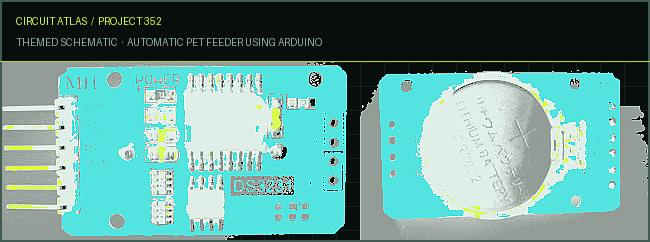 Circuit Atlas themed schematic for Automatic Pet Feeder using Arduino
