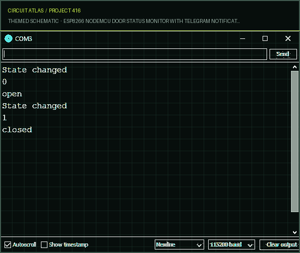 Circuit Atlas themed schematic for ESP8266 NodeMCU Door Status Monitor with Telegram Notifications