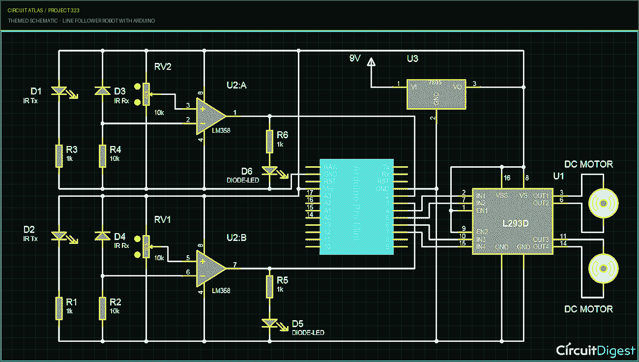 Circuit Atlas themed schematic for Line Follower Robot with Arduino Circuit Atlas themed schematic for Line Follower Robot with Arduino