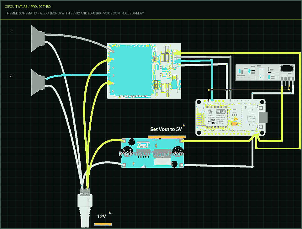 Circuit Atlas themed schematic for Alexa (Echo) with ESP32 and ESP8266 - Voice Controlled Relay