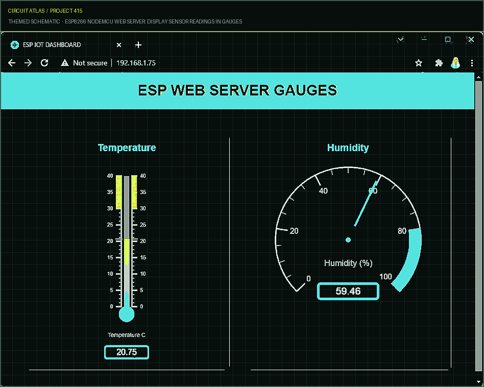 Circuit Atlas themed schematic for ESP8266 NodeMCU Web Server: Display Sensor Readings in Gauges