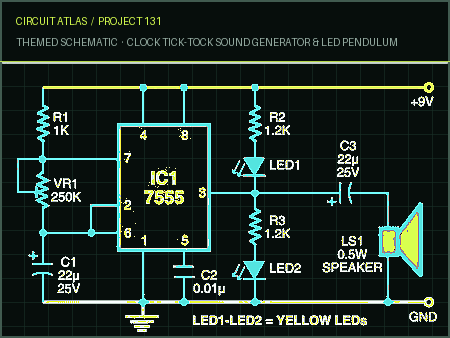 Circuit Atlas themed schematic for Clock Tick-Tock Sound Generator & LED Pendulum