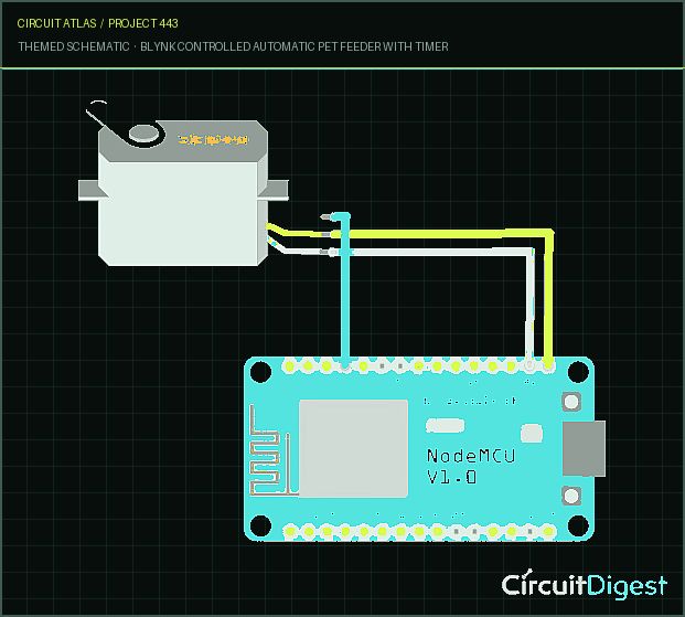 Circuit Atlas themed schematic for Blynk Controlled Automatic Pet Feeder with Timer