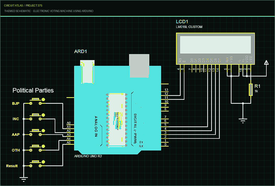 Circuit Atlas themed schematic for Electronic Voting Machine using Arduino