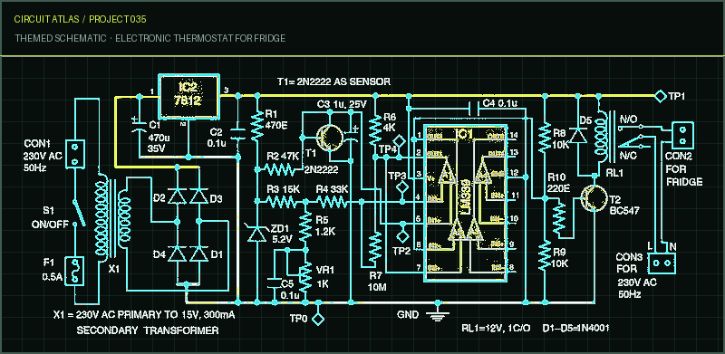 Circuit Atlas themed schematic for Electronic Thermostat for Fridge
