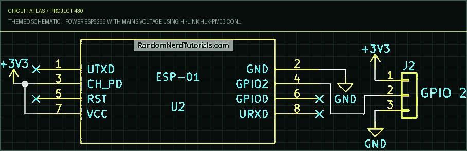 Circuit Atlas themed schematic for Power ESP8266 with Mains Voltage using Hi-Link HLK-PM03 Converter