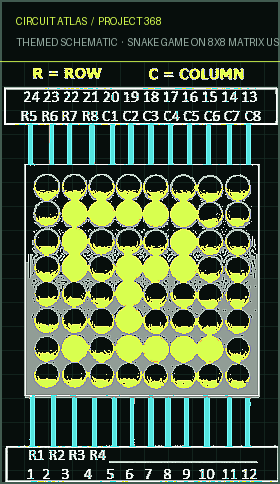 Circuit Atlas themed schematic for Snake Game on 8x8 Matrix using Arduino