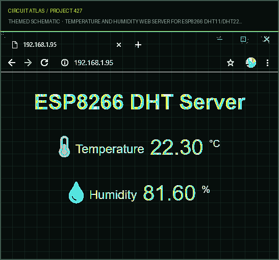Circuit Atlas themed schematic for Temperature and Humidity Web Server for ESP8266 DHT11/DHT22 with Arduino IDE