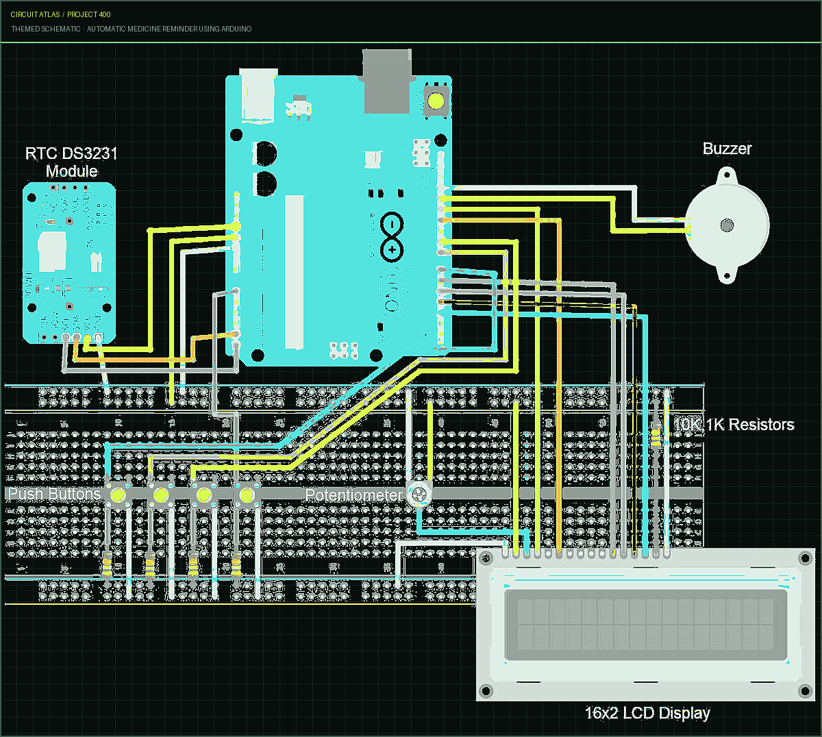 Circuit Atlas themed schematic for Automatic Medicine Reminder Using Arduino