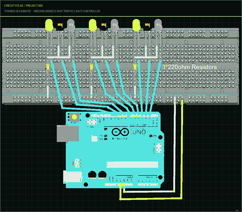 Circuit Atlas themed schematic for Arduino Based 3-Way Traffic Light Controller