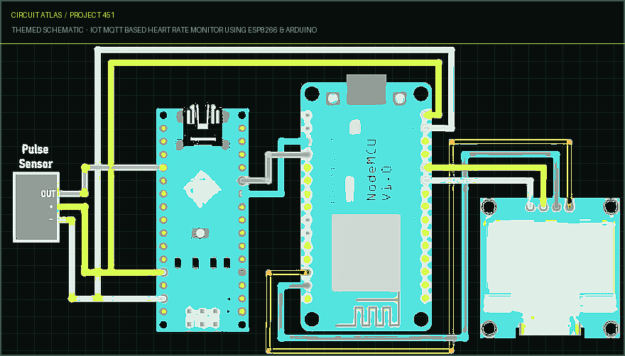 Circuit Atlas themed schematic for IoT MQTT Based Heart Rate Monitor using ESP8266 & Arduino