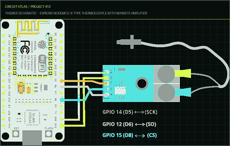Circuit Atlas themed schematic for ESP8266 NodeMCU: K-Type Thermocouple with MAX6675 Amplifier Circuit Atlas themed schematic for ESP8266 NodeMCU: K-Type Thermocouple with MAX6675 Amplifier