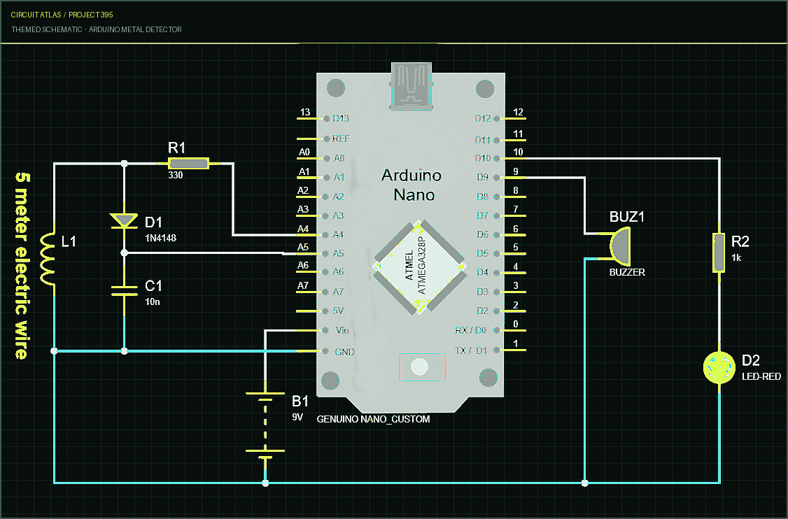 Circuit Atlas themed schematic for Arduino Metal Detector