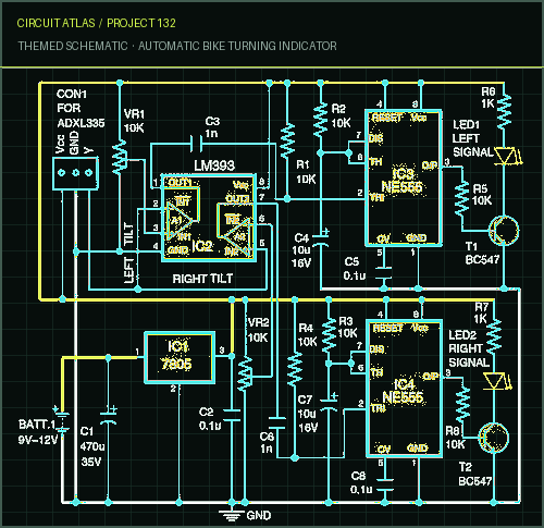 Circuit Atlas themed schematic for Automatic Bike Turning Indicator