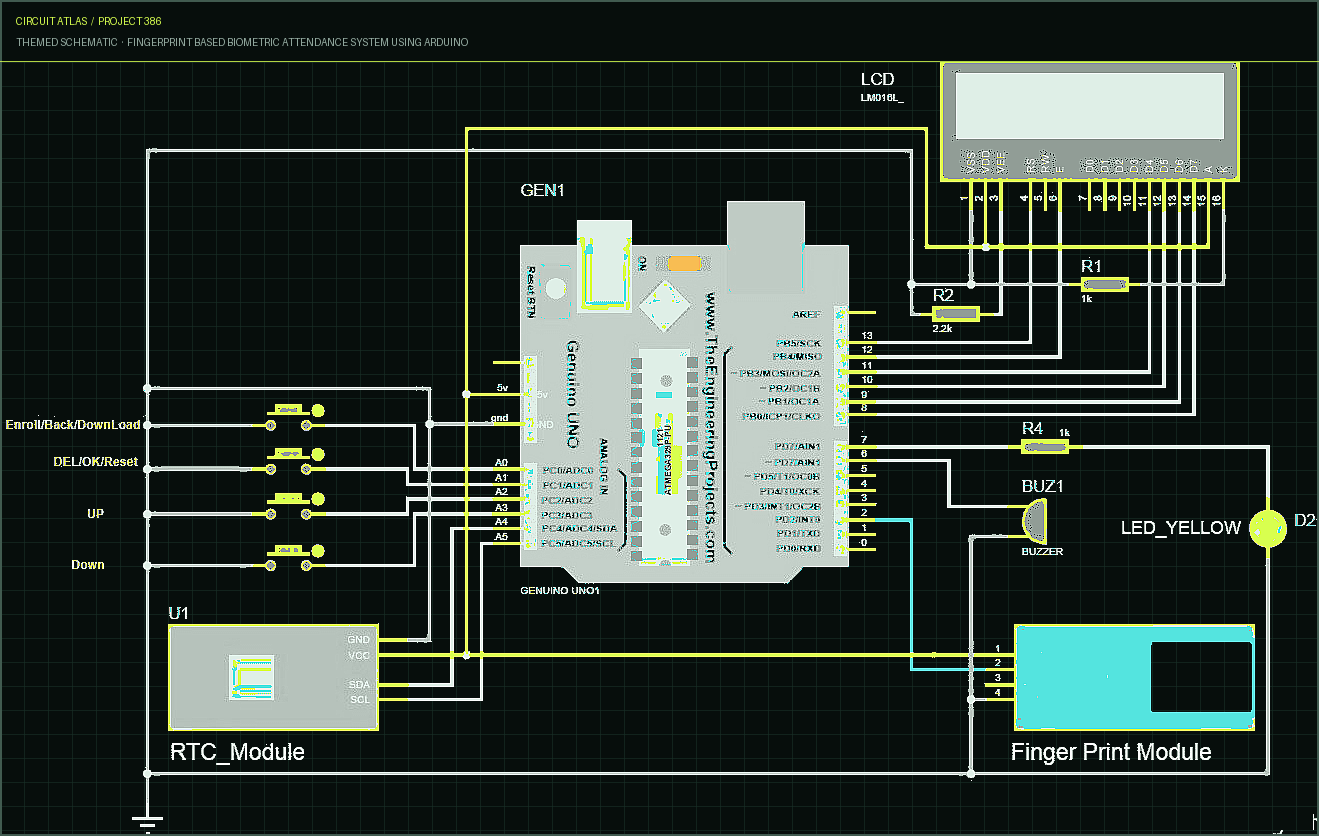 Circuit Atlas themed schematic for Fingerprint Based Biometric Attendance System using Arduino