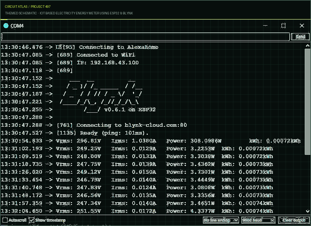 Circuit Atlas themed schematic for IoT Based Electricity Energy Meter using ESP32 & Blynk