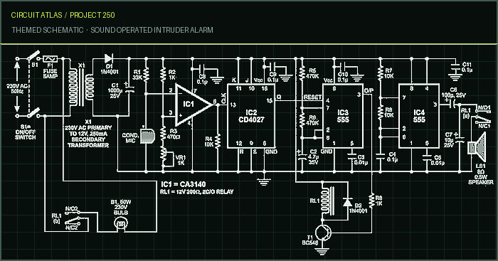 Circuit Atlas themed schematic for Sound Operated Intruder Alarm