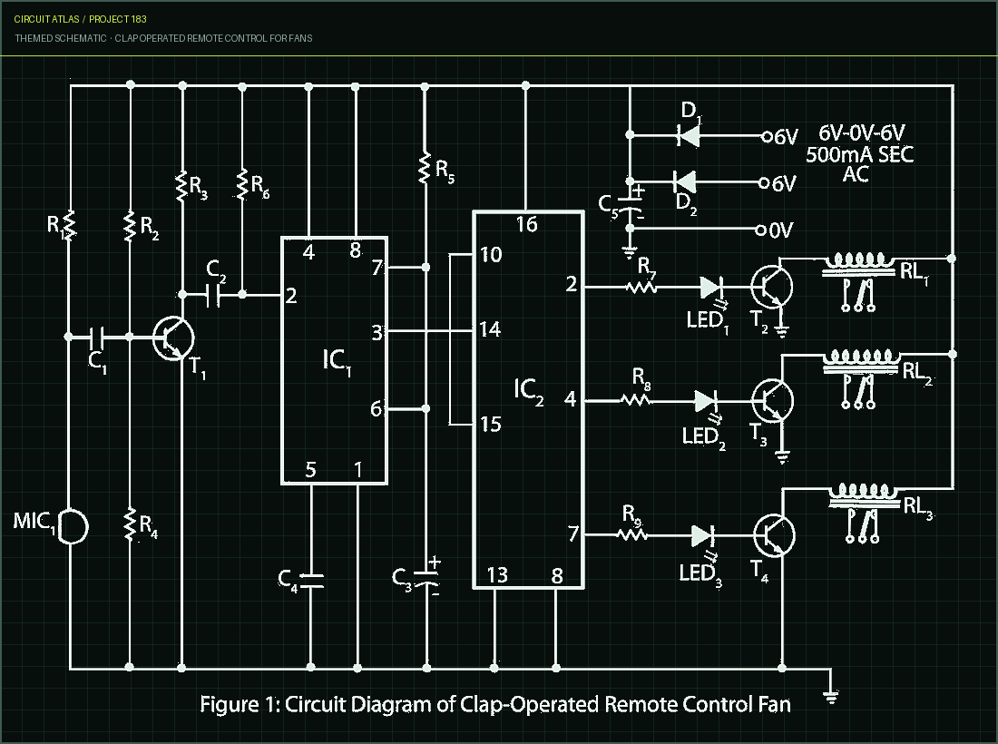 Circuit Atlas themed schematic for Clap operated Remote Control for Fans