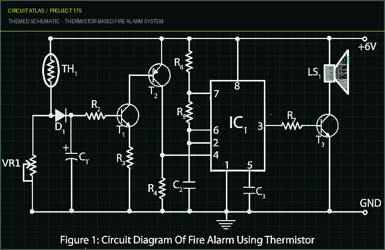 Circuit Atlas themed schematic for Thermistor-Based Fire Alarm System