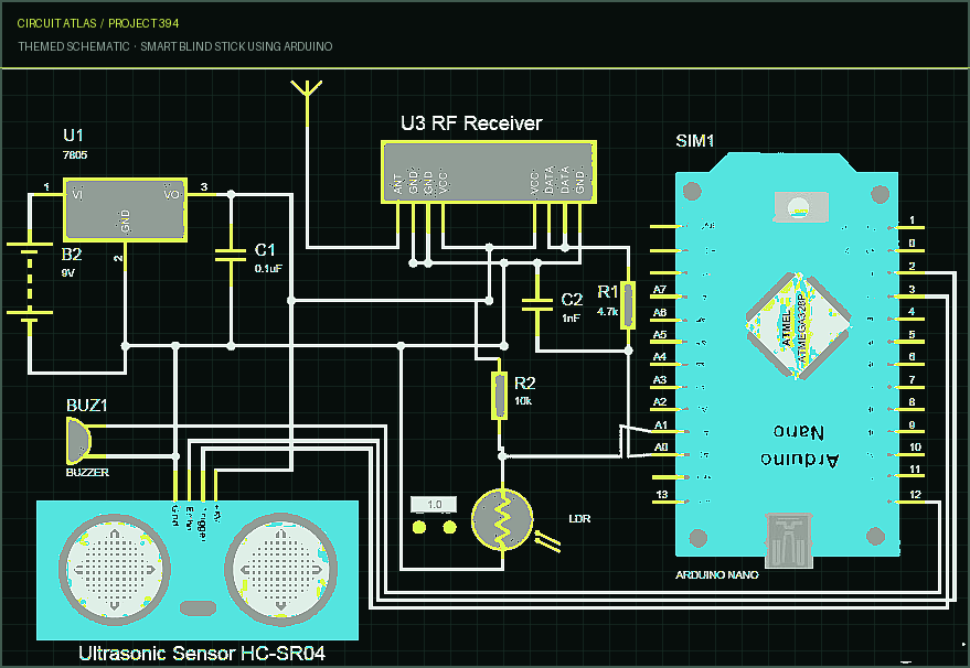 Circuit Atlas themed schematic for Smart Blind Stick using Arduino