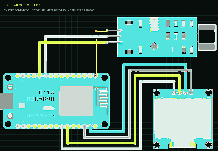 Circuit Atlas themed schematic for IoT Decibel meter with Sound Sensor & ESP8266