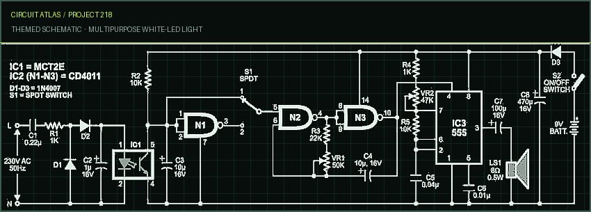 Circuit Atlas themed schematic for Multipurpose White-LED Light