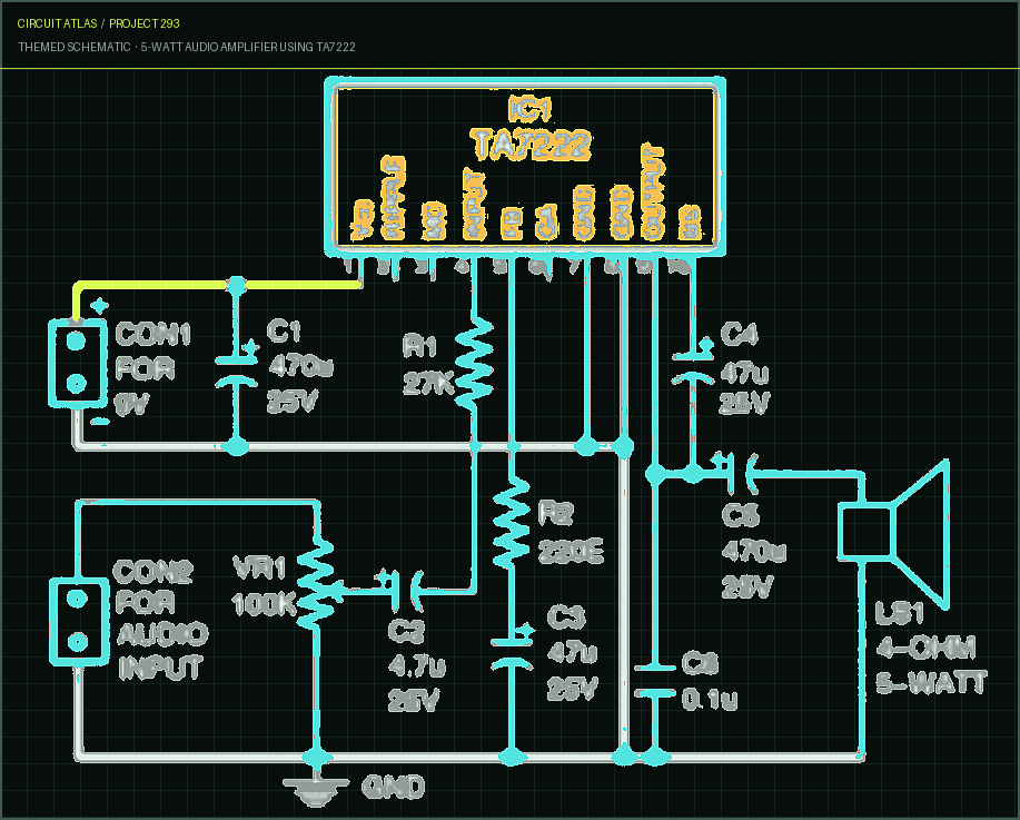 Circuit Atlas themed schematic for 5-Watt Audio Amplifier Using TA7222