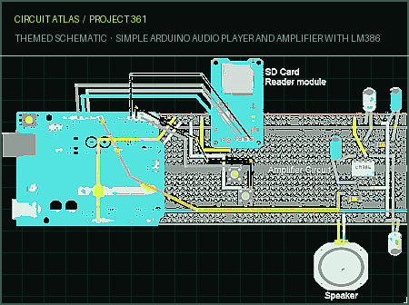 Circuit Atlas themed schematic for Simple Arduino Audio Player and Amplifier with LM386