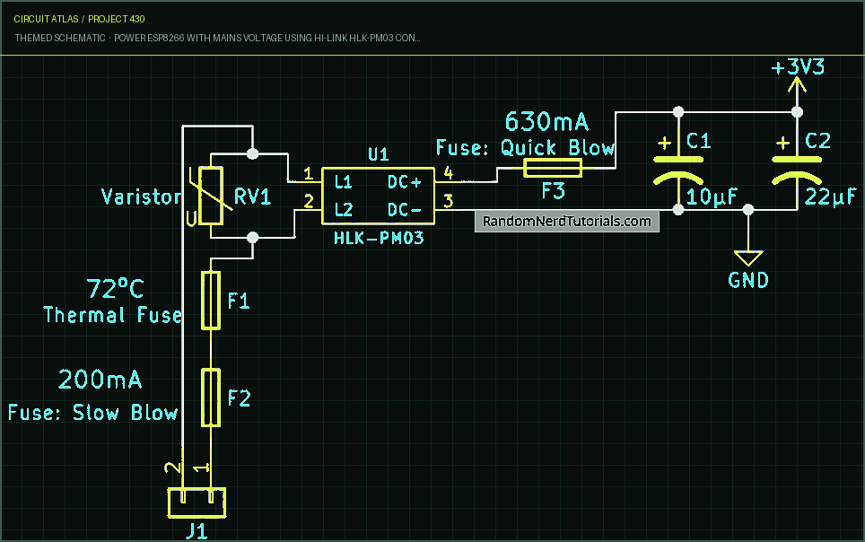 Circuit Atlas themed schematic for Power ESP8266 with Mains Voltage using Hi-Link HLK-PM03 Converter