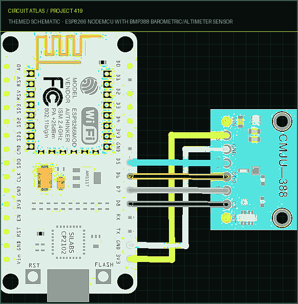 Circuit Atlas themed schematic for ESP8266 NodeMCU with BMP388 Barometric/Altimeter Sensor