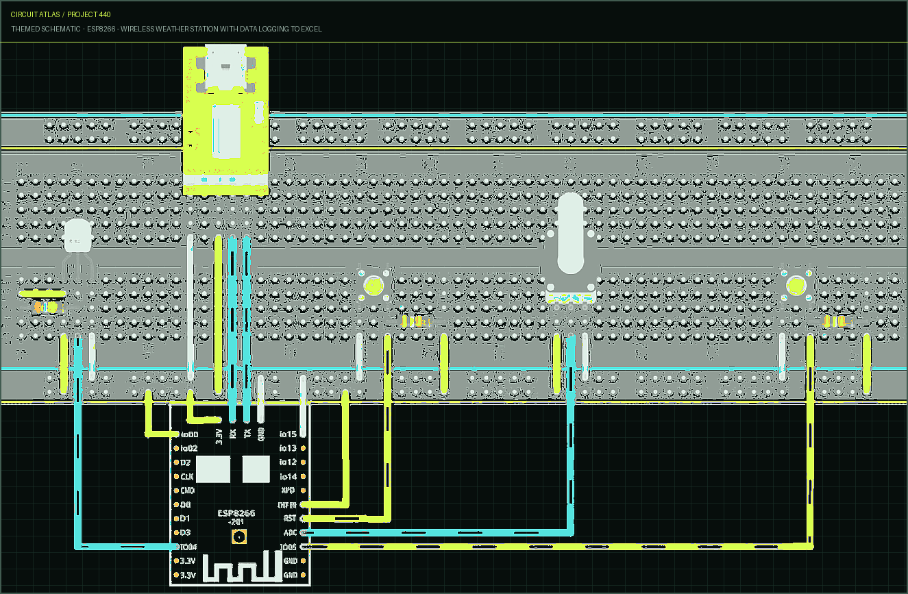 Circuit Atlas themed schematic for ESP8266 - Wireless Weather Station with Data Logging to Excel