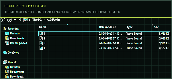 Circuit Atlas themed schematic for Simple Arduino Audio Player and Amplifier with LM386