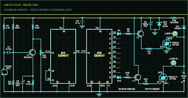 Circuit Atlas themed schematic for Audio Controlled Running Light