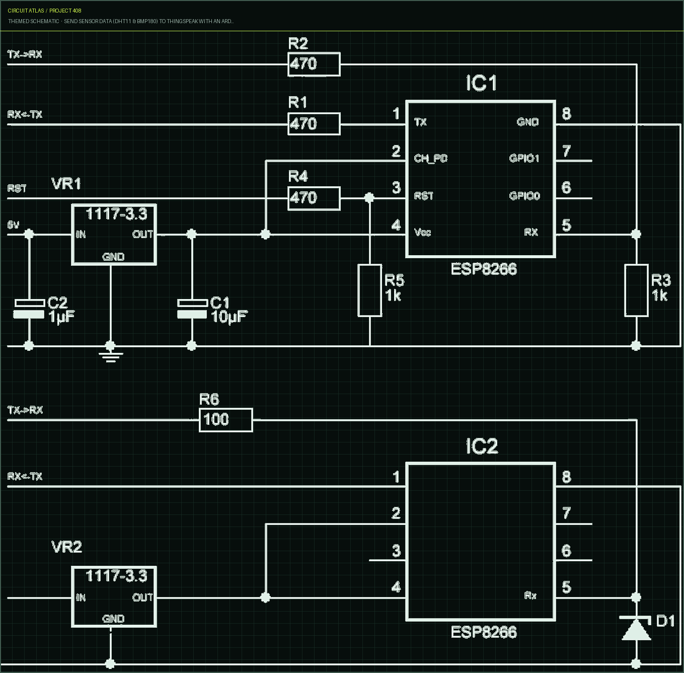 Circuit Atlas themed schematic for Send Sensor Data (DHT11 & BMP180) to ThingSpeak with an Arduino, Using Cable or WiFi (ESP8266) or Use ESP8266 Alone