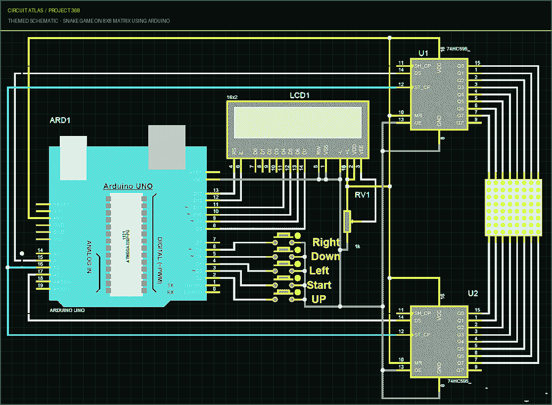 Circuit Atlas themed schematic for Snake Game on 8x8 Matrix using Arduino