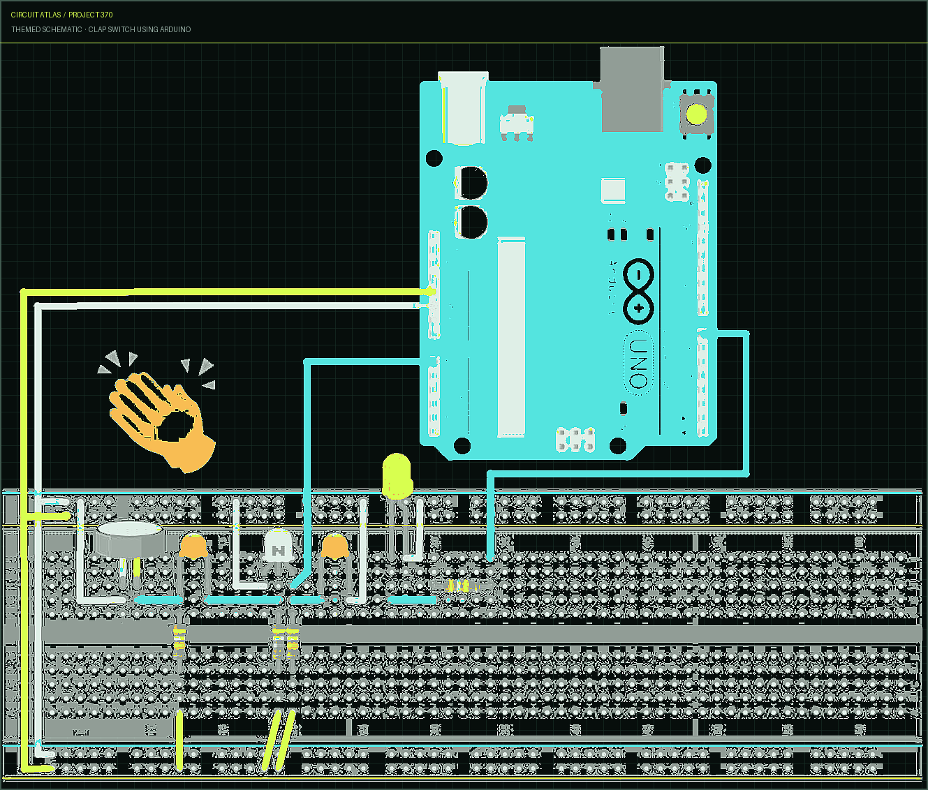 Circuit Atlas themed schematic for Clap Switch using Arduino