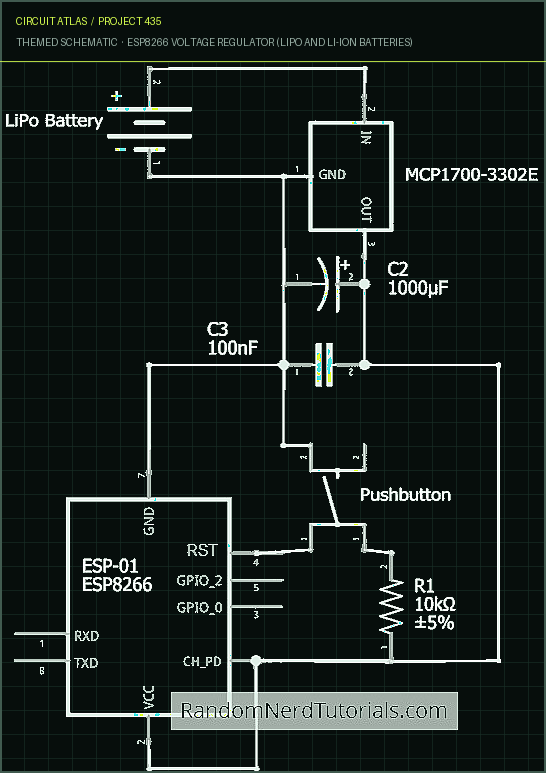Circuit Atlas themed schematic for ESP8266 Voltage Regulator (LiPo and Li-ion Batteries)