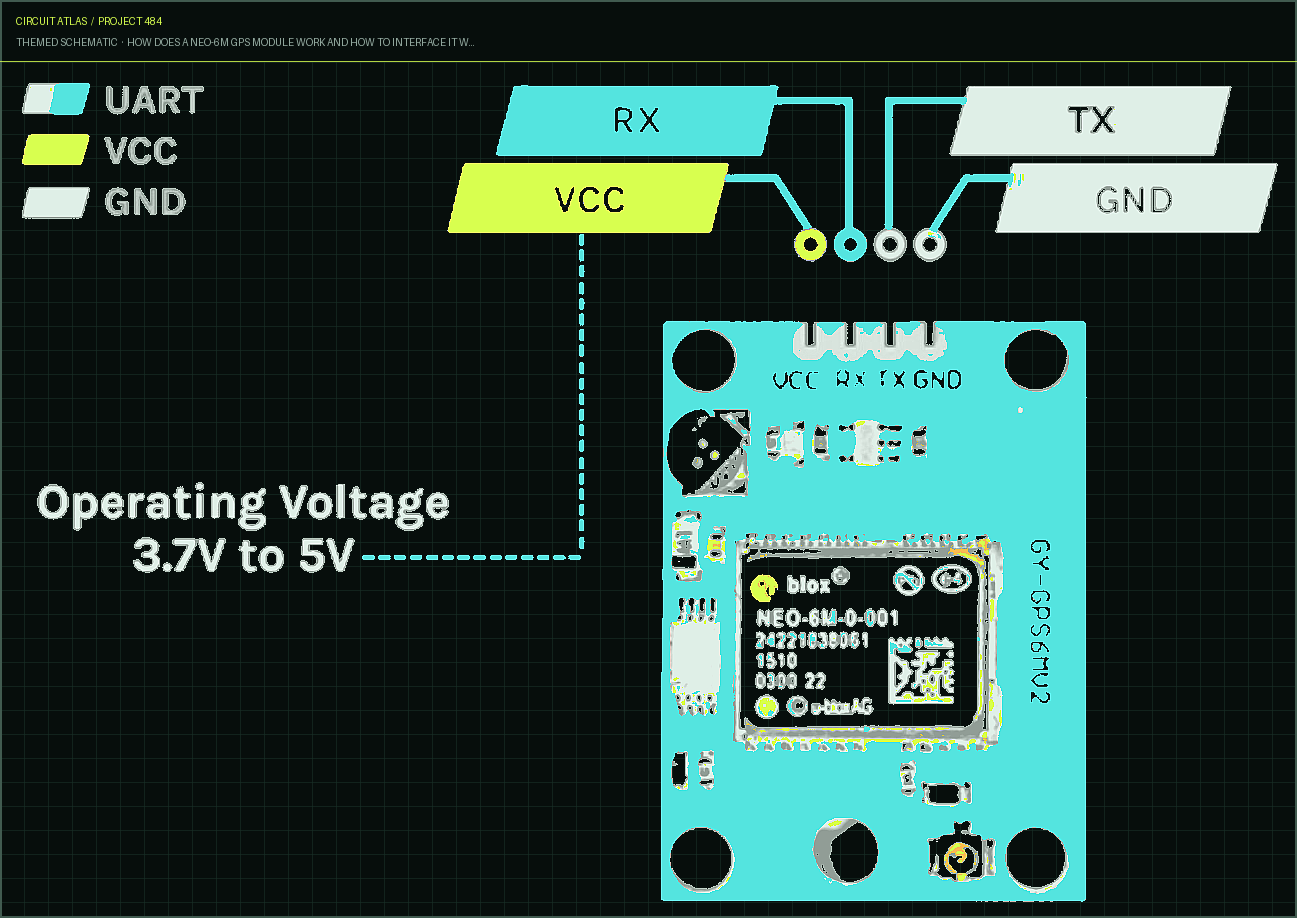 Circuit Atlas themed schematic for How Does a NEO-6M GPS Module Work and How to Interface it with ESP32