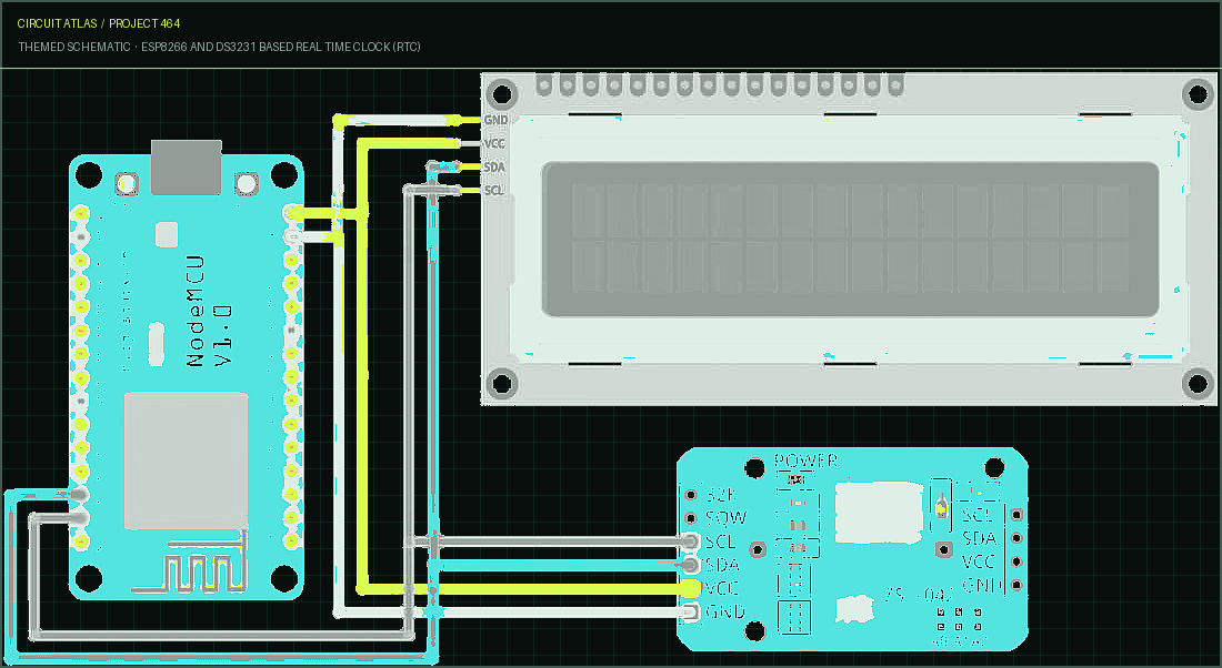 Circuit Atlas themed schematic for ESP8266 and DS3231 Based Real Time Clock (RTC)