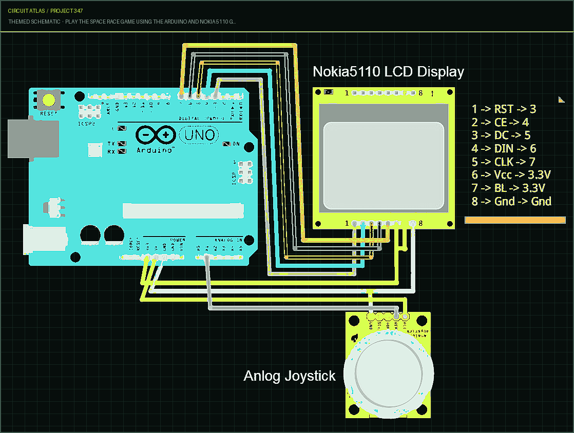 Circuit Atlas themed schematic for Play the Space Race Game using the Arduino and Nokia 5110 Graphic Display